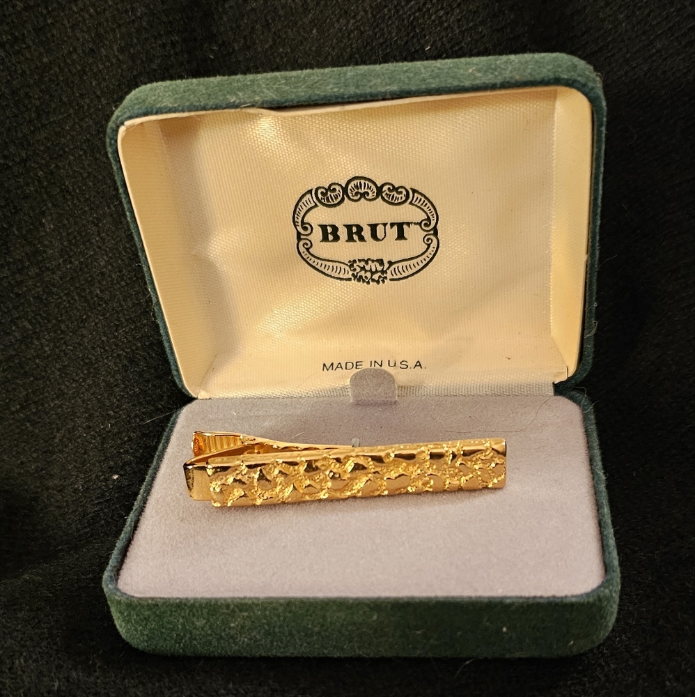 Vintage Brut Gold Tone Tie Bar Clip Original Case